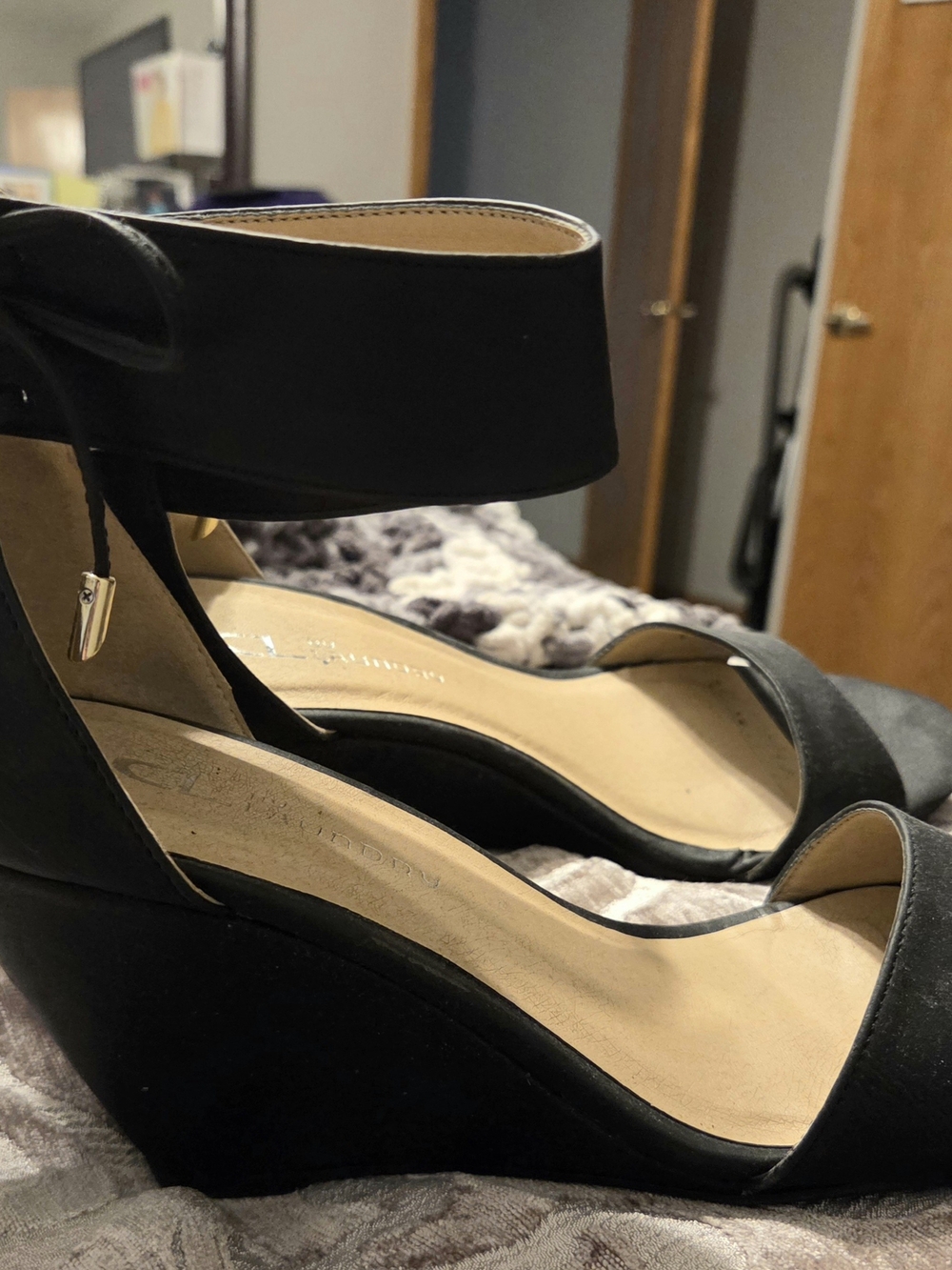 Chinese Laundry Black Wedge Sandals with Ankle Strap